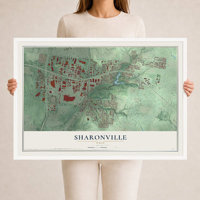 Map of Sharonville, Ohio, 24 x 36 inch print in a white wood frame