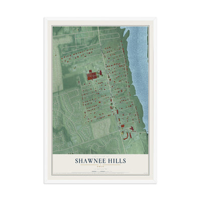 Map of Shawnee Hills, Ohio, 12 x 18 inch print in a white wood frame