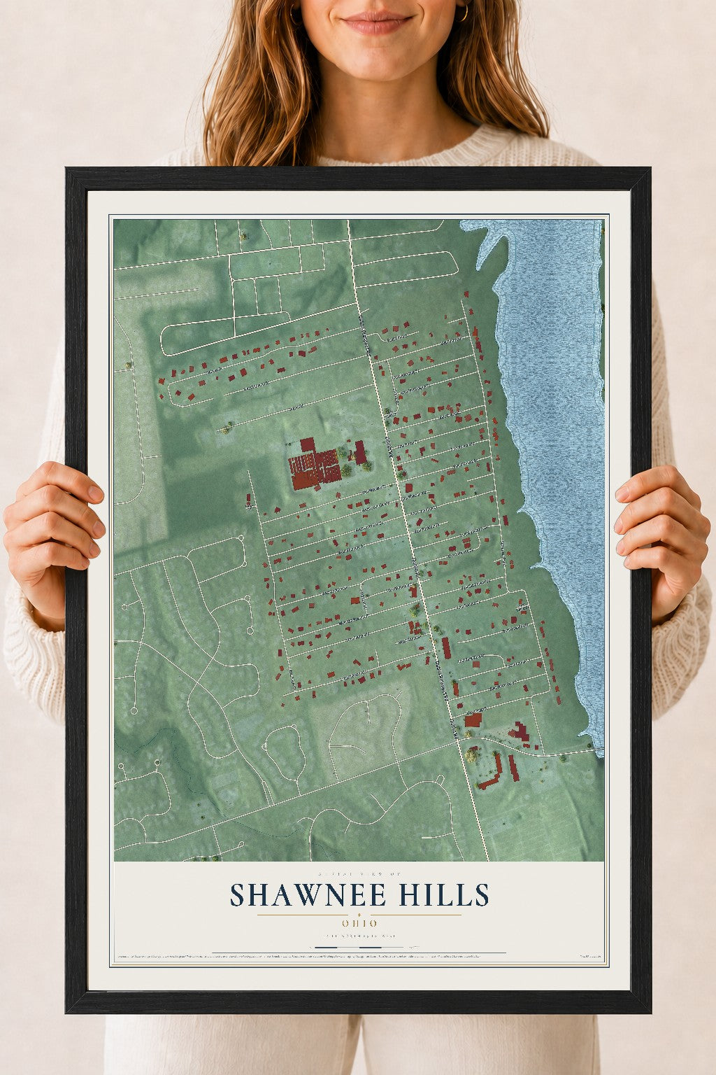 Map of Shawnee Hills, Ohio, 18 x 24 inch print in a black wood frame