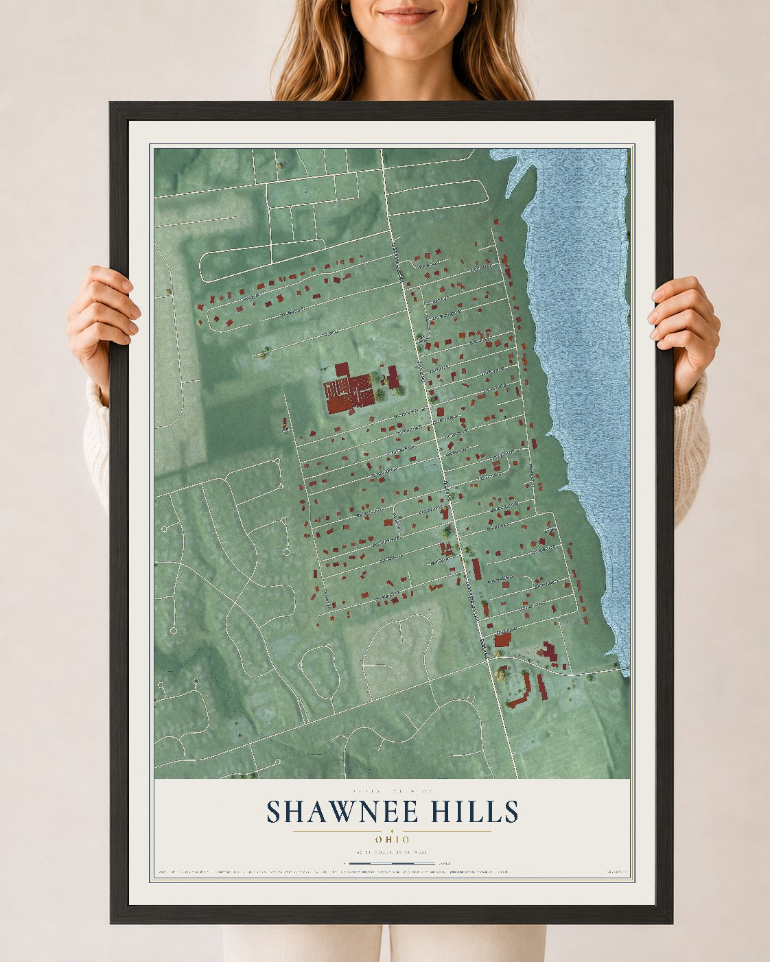 Map of Shawnee Hills, Ohio, 24 x 36 inch print in a black wood frame