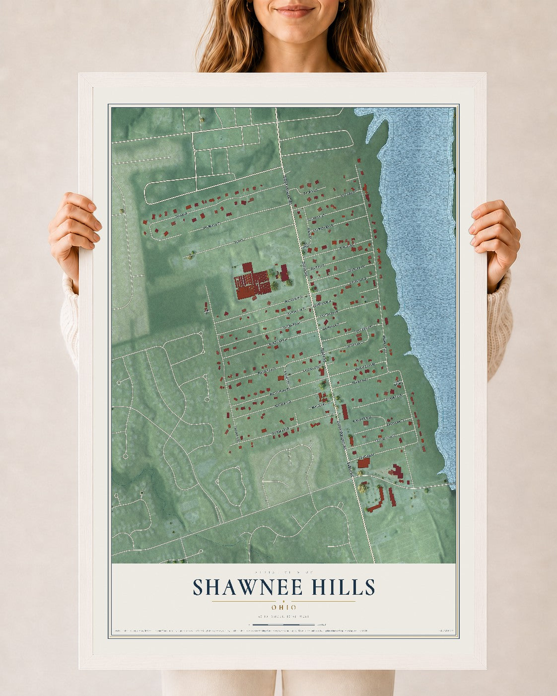 Map of Shawnee Hills, Ohio, 24 x 36 inch print in a white wood frame