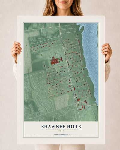 Map of Shawnee Hills, Ohio, 24 x 36 inch print in a white wood frame