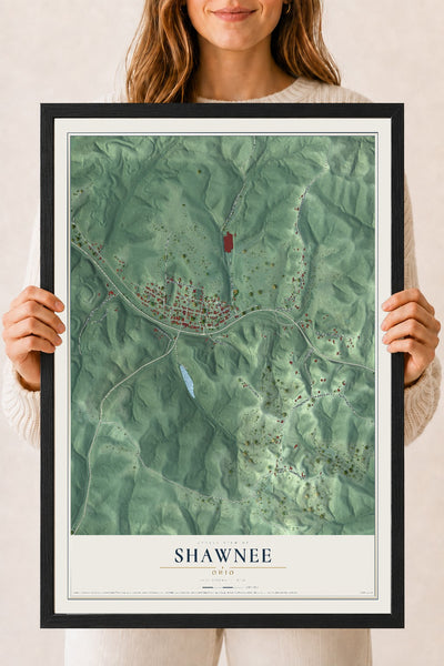 Map of Shawnee, Ohio, 18 x 24 inch print in a black wood frame