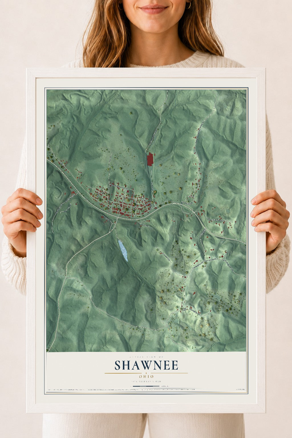 Map of Shawnee, Ohio, 18 x 24 inch print in a white wood frame