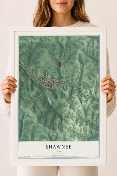 Map of Shawnee, Ohio, 18 x 24 inch print in a white wood frame