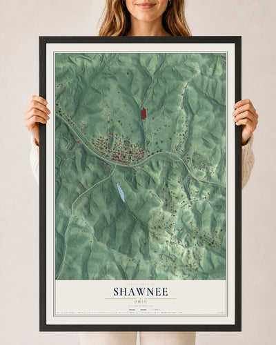 Map of Shawnee, Ohio, 24 x 36 inch print in a black wood frame