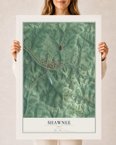 Map of Shawnee, Ohio, 24 x 36 inch print in a white wood frame