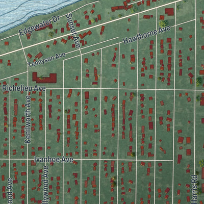 Close-up of the map of Sheffield Lake, Ohio print showing street and building detail