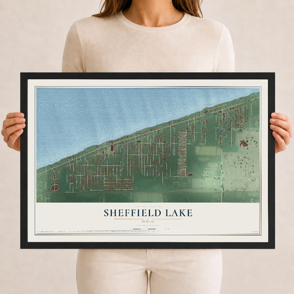 Map of Sheffield Lake, Ohio, 12 x 18 inch print in a black wood frame