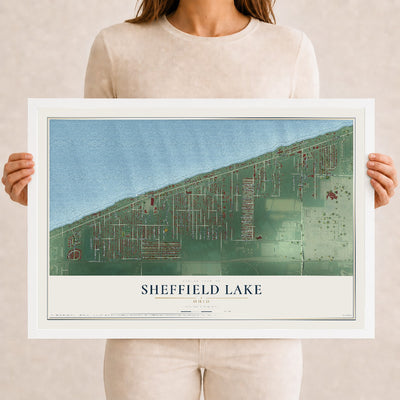Map of Sheffield Lake, Ohio, 12 x 18 inch print in a white wood frame