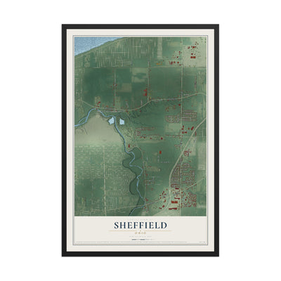 Map of Sheffield, Ohio, 12 x 18 inch print in a black wood frame