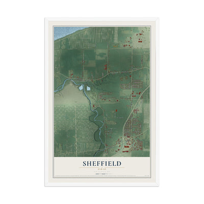 Map of Sheffield, Ohio, 12 x 18 inch print in a white wood frame