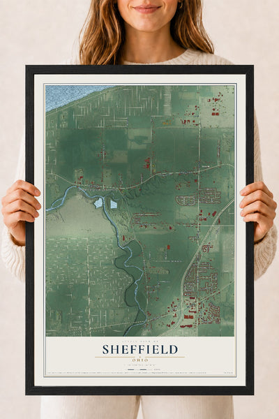Map of Sheffield, Ohio, 18 x 24 inch print in a black wood frame