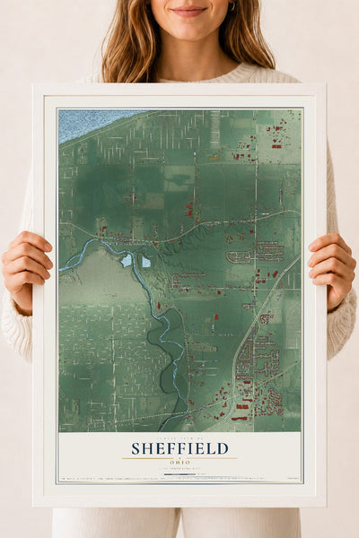 Map of Sheffield, Ohio, 18 x 24 inch print in a white wood frame