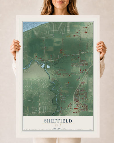 Map of Sheffield, Ohio, 24 x 36 inch print in a white wood frame