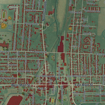 Close-up of the map of Shelby, Ohio print showing street and building detail