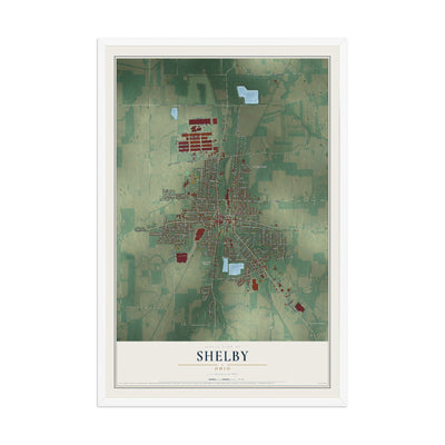 Map of Shelby, Ohio, 12 x 18 inch print in a white wood frame