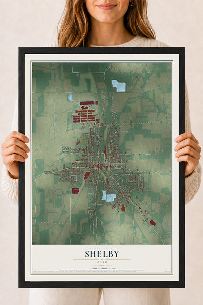Map of Shelby, Ohio, 18 x 24 inch print in a black wood frame