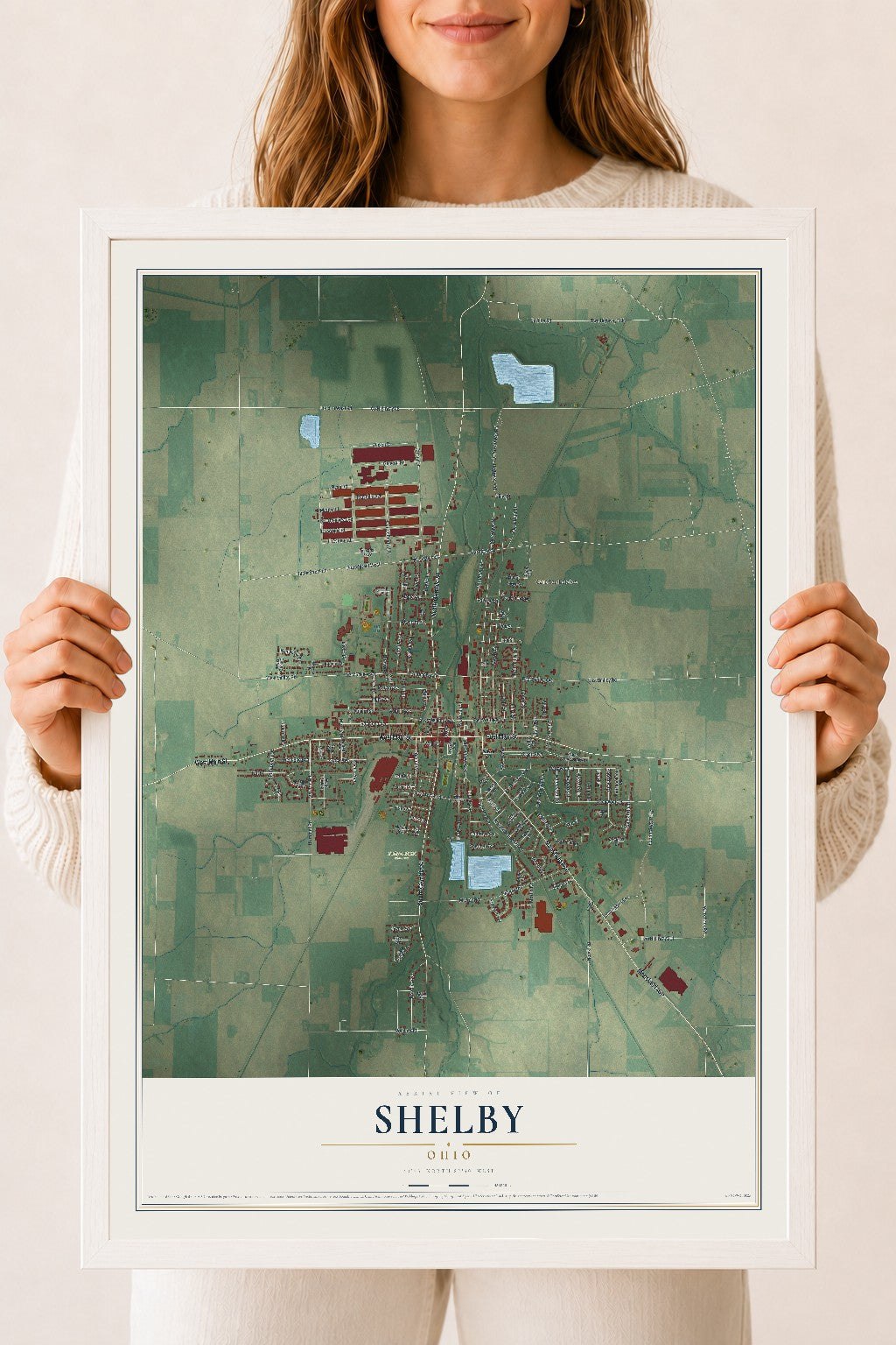 Map of Shelby, Ohio, 18 x 24 inch print in a white wood frame