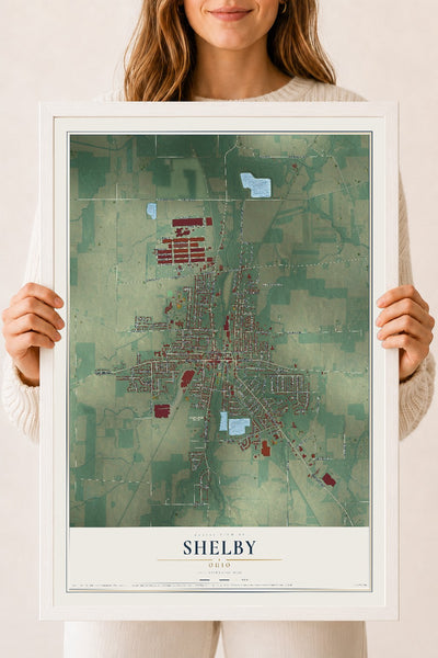 Map of Shelby, Ohio, 18 x 24 inch print in a white wood frame