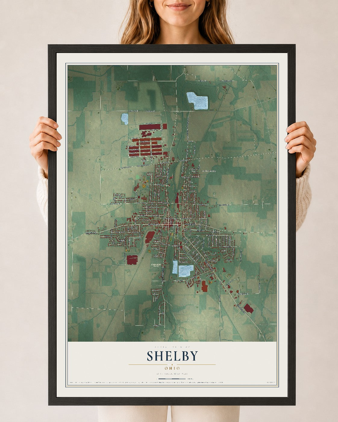 Map of Shelby, Ohio, 24 x 36 inch print in a black wood frame