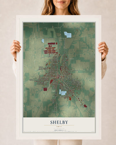 Map of Shelby, Ohio, 24 x 36 inch print in a white wood frame