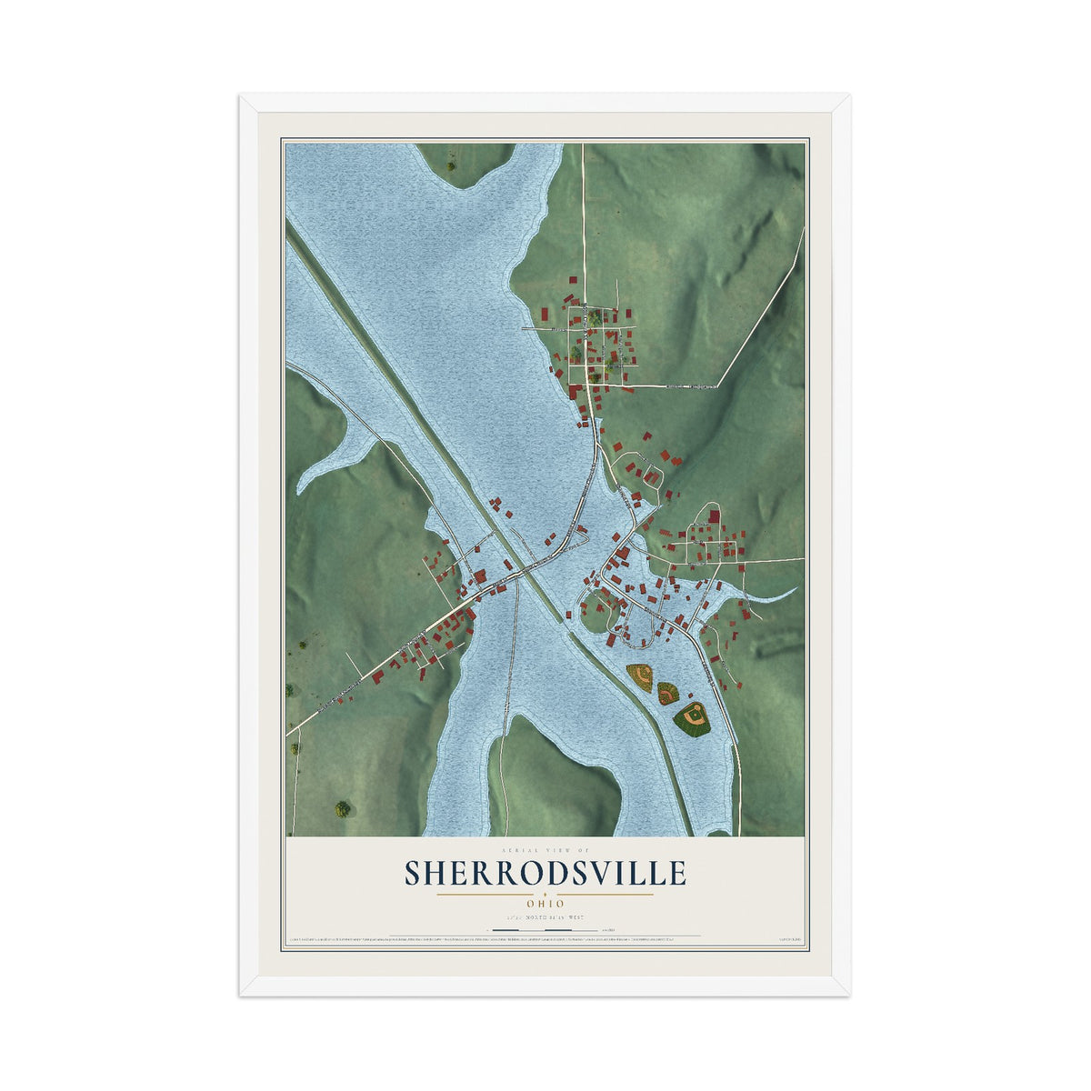 Map of Sherrodsville, Ohio, 12 x 18 inch print in a white wood frame