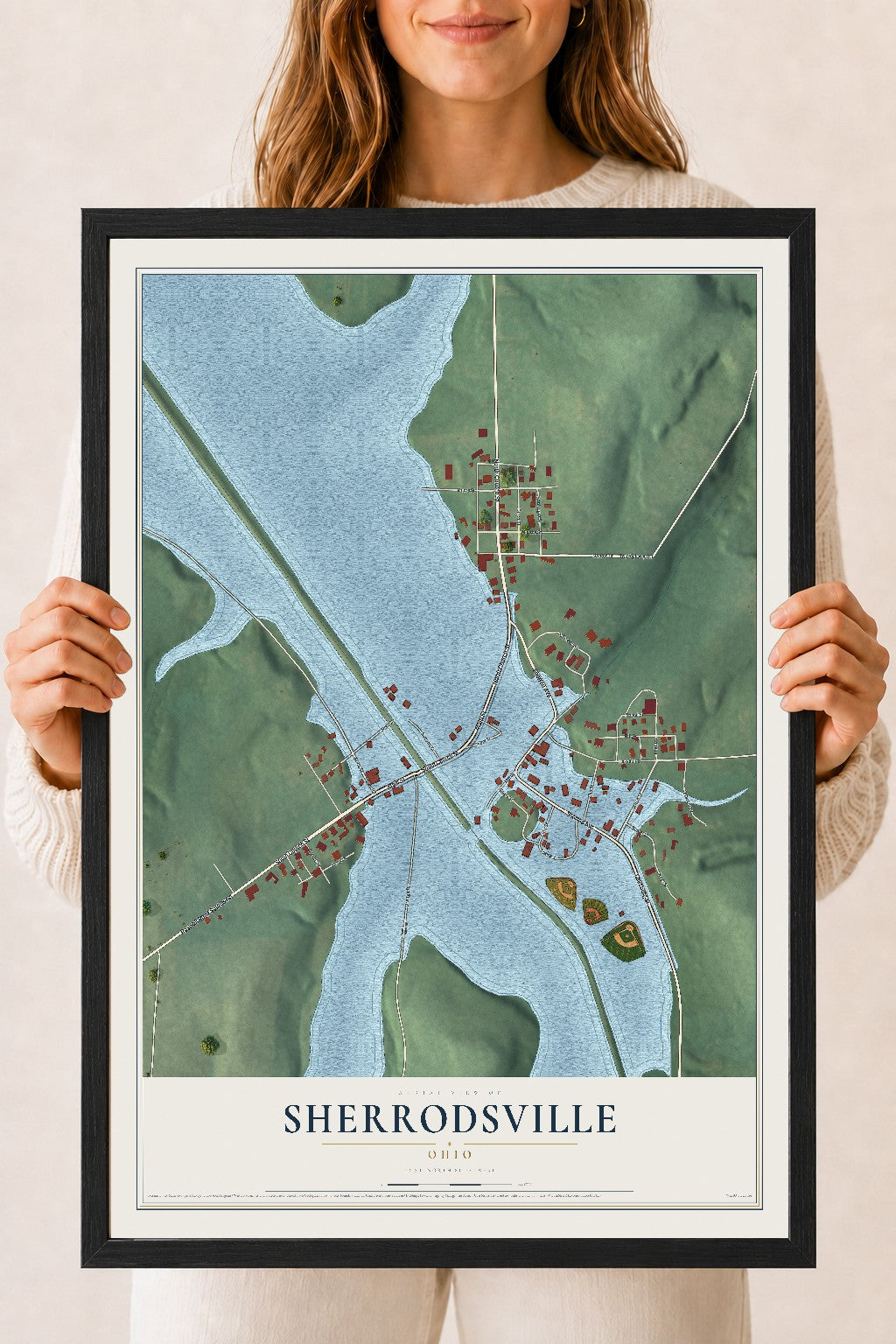 Map of Sherrodsville, Ohio, 18 x 24 inch print in a black wood frame