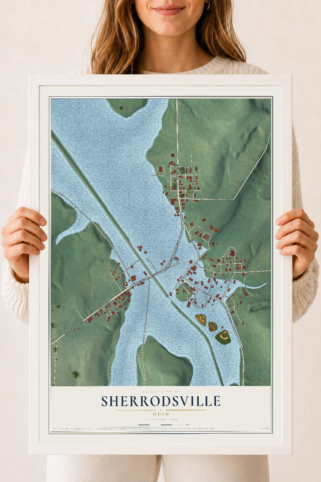 Map of Sherrodsville, Ohio, 18 x 24 inch print in a white wood frame