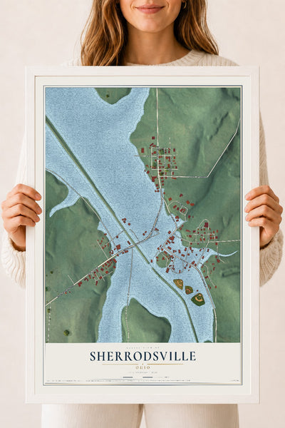 Map of Sherrodsville, Ohio, 18 x 24 inch print in a white wood frame