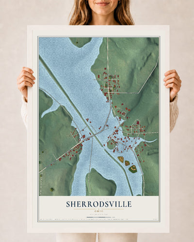 Map of Sherrodsville, Ohio, 24 x 36 inch print in a white wood frame