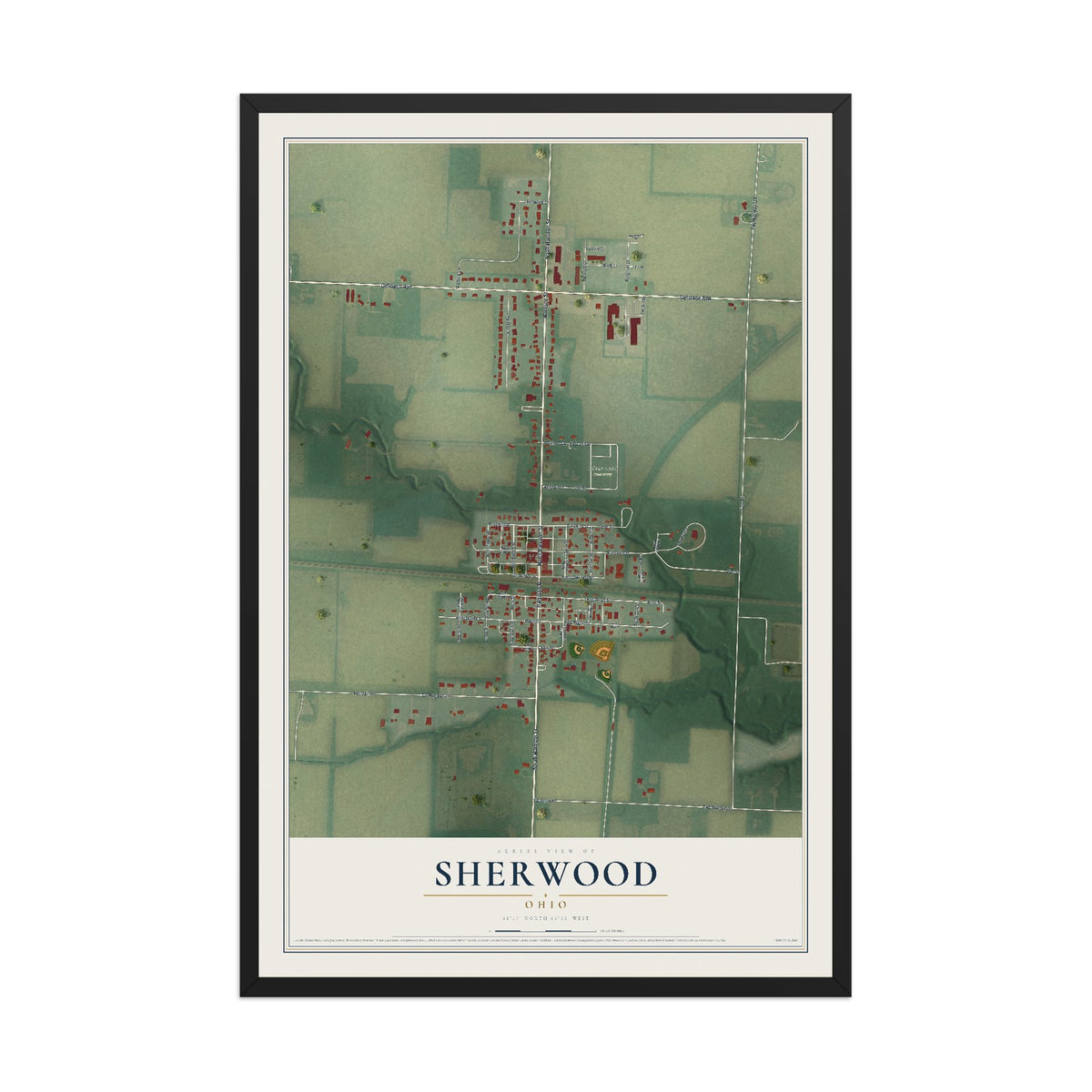Map of Sherwood, Ohio, 12 x 18 inch print in a black wood frame