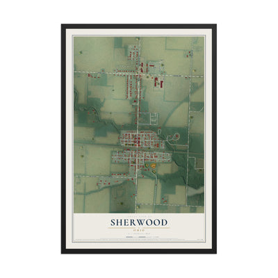 Map of Sherwood, Ohio, 12 x 18 inch print in a black wood frame