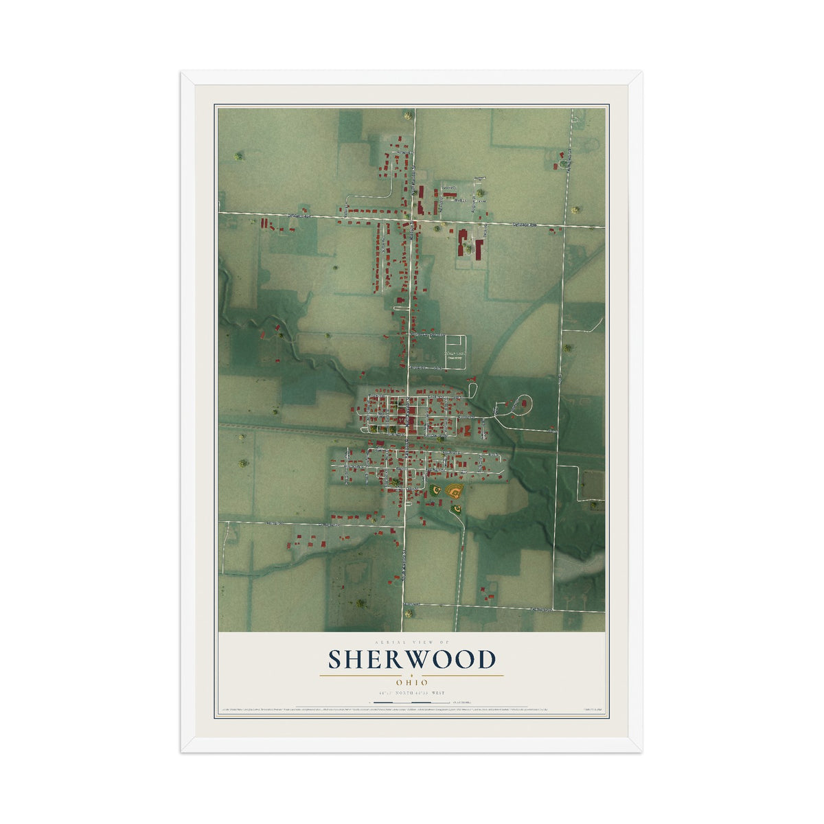 Map of Sherwood, Ohio, 12 x 18 inch print in a white wood frame