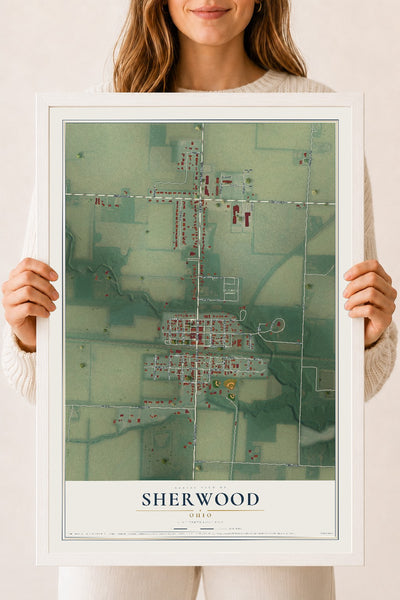 Map of Sherwood, Ohio, 18 x 24 inch print in a white wood frame