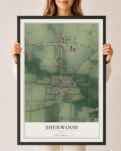 Map of Sherwood, Ohio, 24 x 36 inch print in a black wood frame