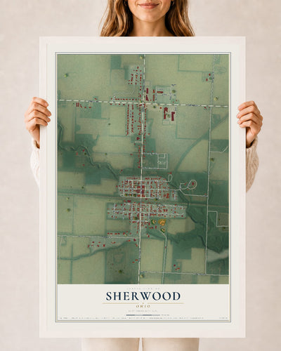 Map of Sherwood, Ohio, 24 x 36 inch print in a white wood frame
