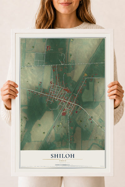 Map of Shiloh, Ohio, 18 x 24 inch print in a white wood frame