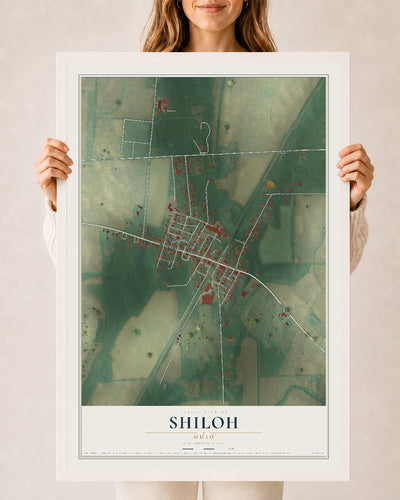 Map of Shiloh, Ohio, 24 x 36 inch print in a white wood frame
