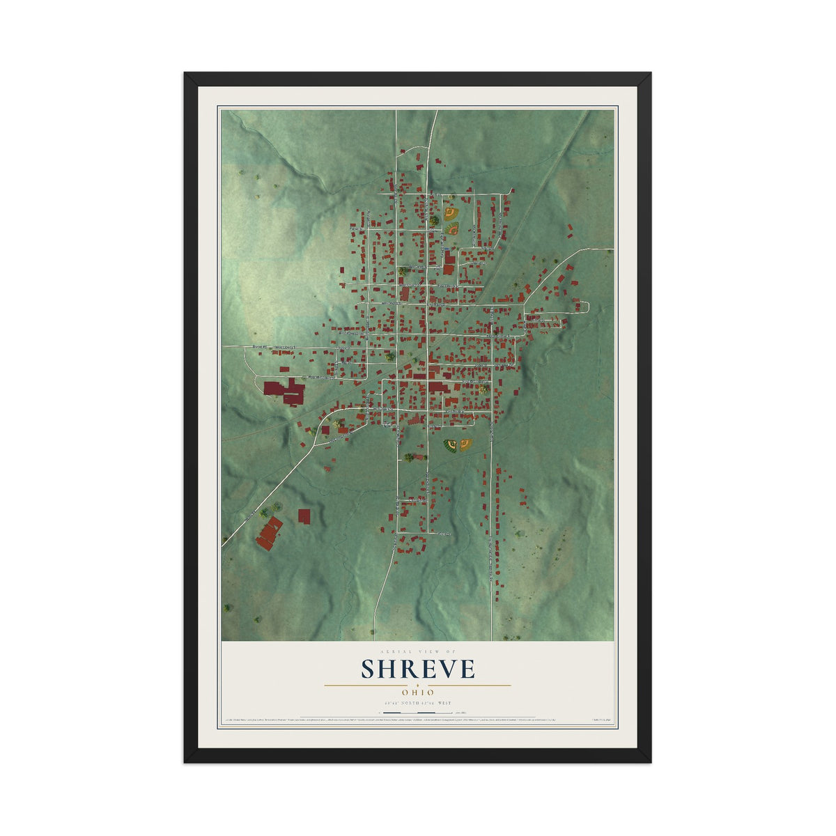 Map of Shreve, Ohio, 12 x 18 inch print in a black wood frame