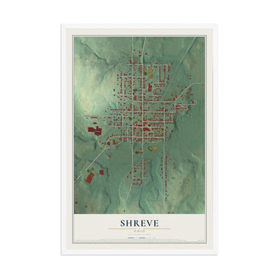 Map of Shreve, Ohio, 12 x 18 inch print in a white wood frame