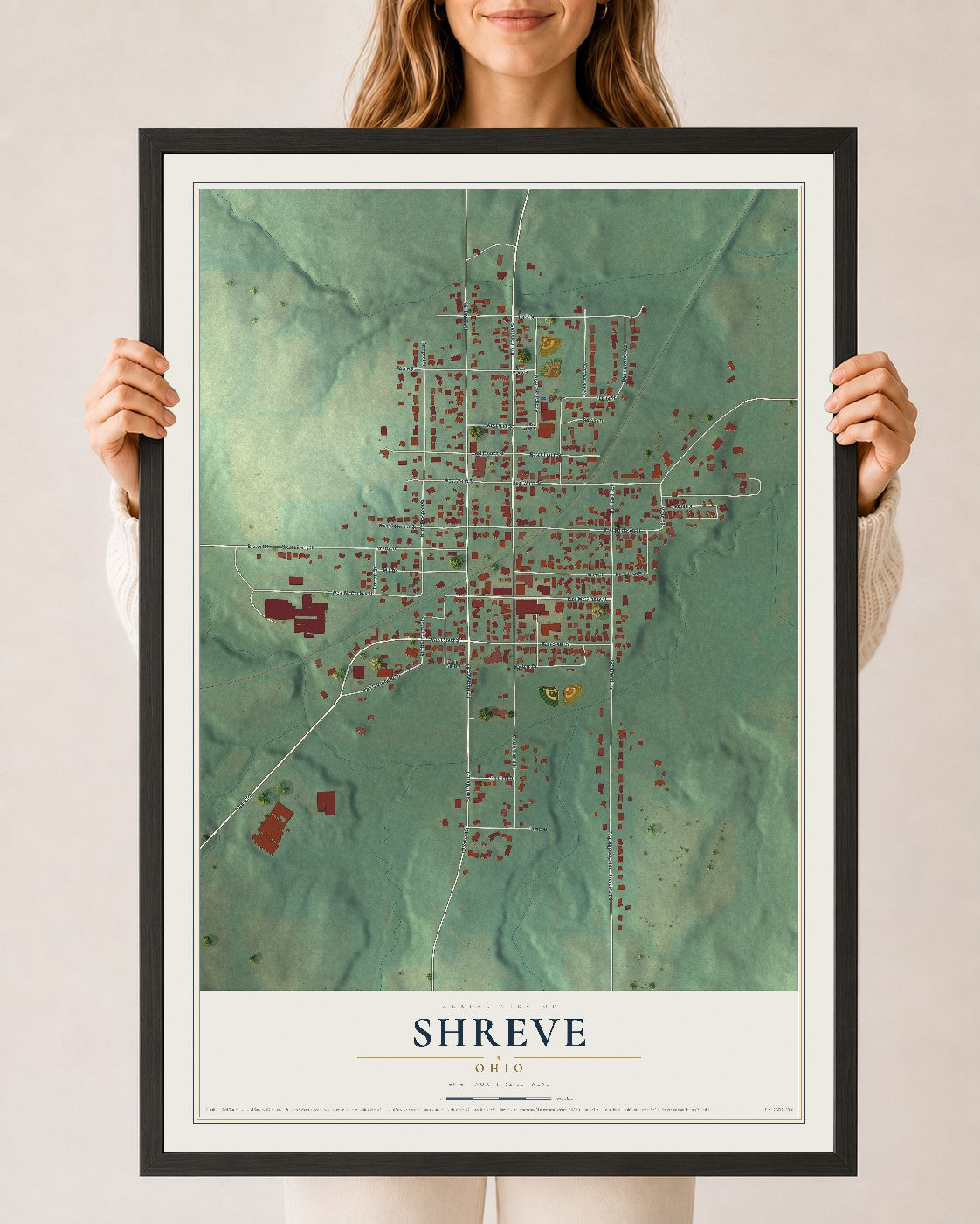 Map of Shreve, Ohio, 24 x 36 inch print in a black wood frame