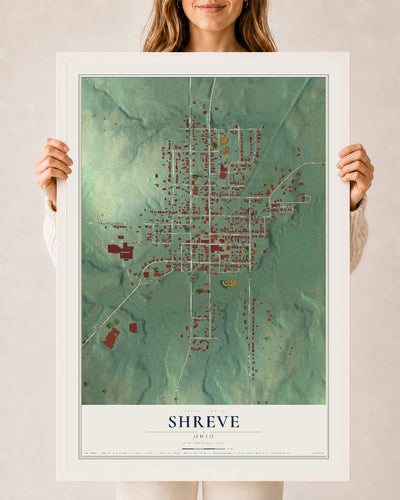 Map of Shreve, Ohio, 24 x 36 inch print in a white wood frame