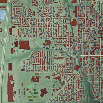 Close-up of the map of Sidney, Ohio print showing street and building detail