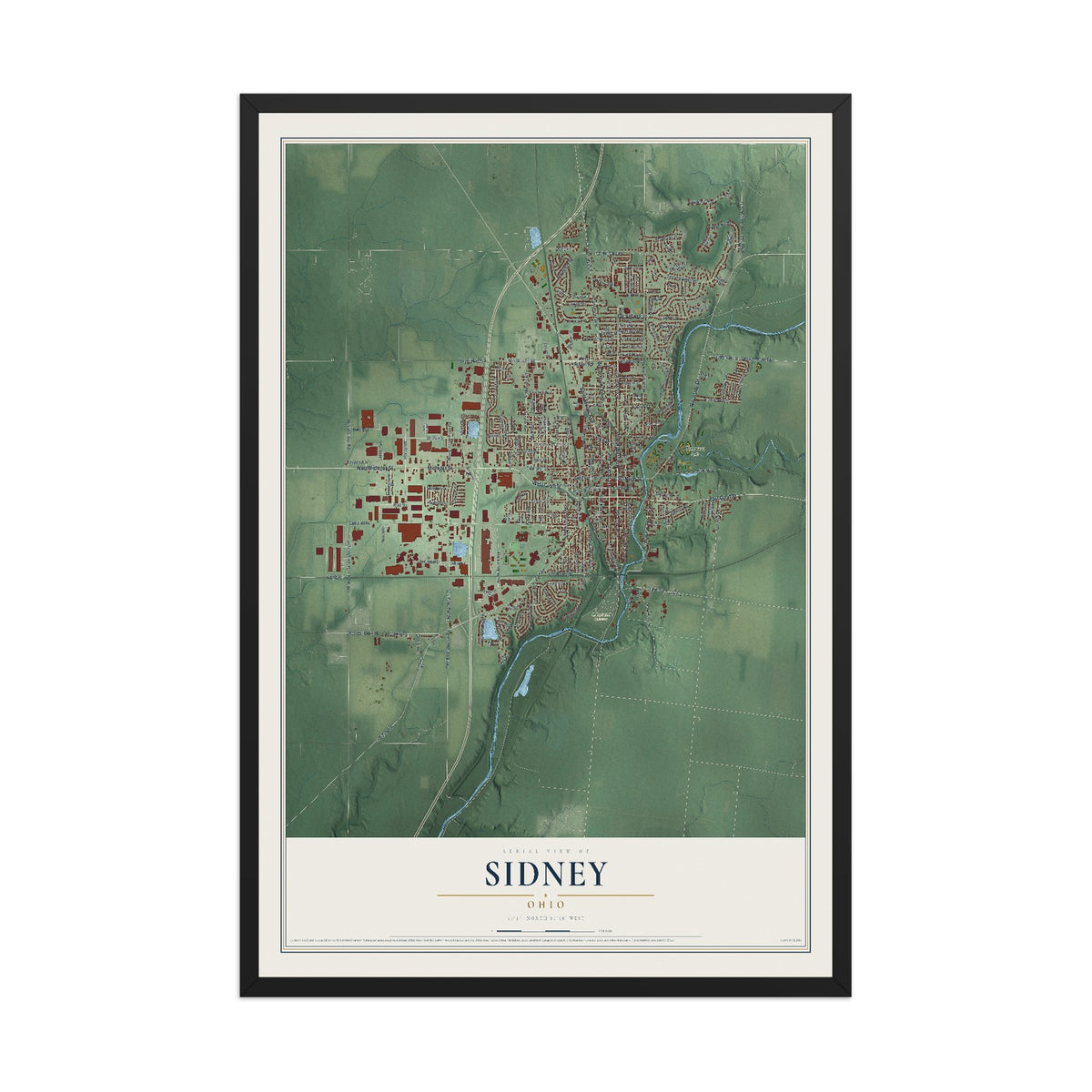 Map of Sidney, Ohio, 12 x 18 inch print in a black wood frame