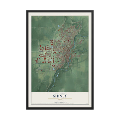 Map of Sidney, Ohio, 12 x 18 inch print in a black wood frame