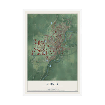 Map of Sidney, Ohio, 12 x 18 inch print in a white wood frame