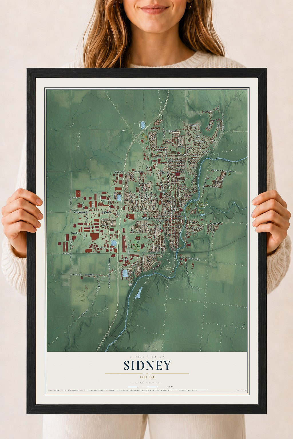 Map of Sidney, Ohio, 18 x 24 inch print in a black wood frame