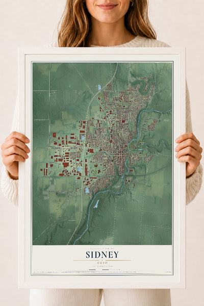 Map of Sidney, Ohio, 18 x 24 inch print in a white wood frame