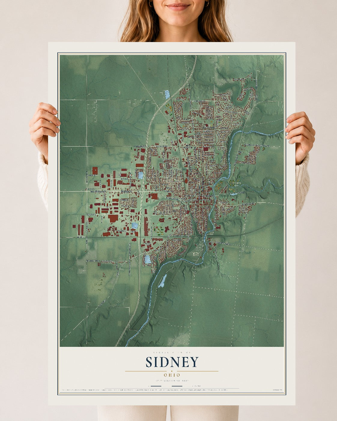 Map of Sidney, Ohio, 24 x 36 inch unframed archival matte print
